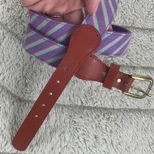 Striped Purple & Mint Canvas Belt with Brown Leather Trim